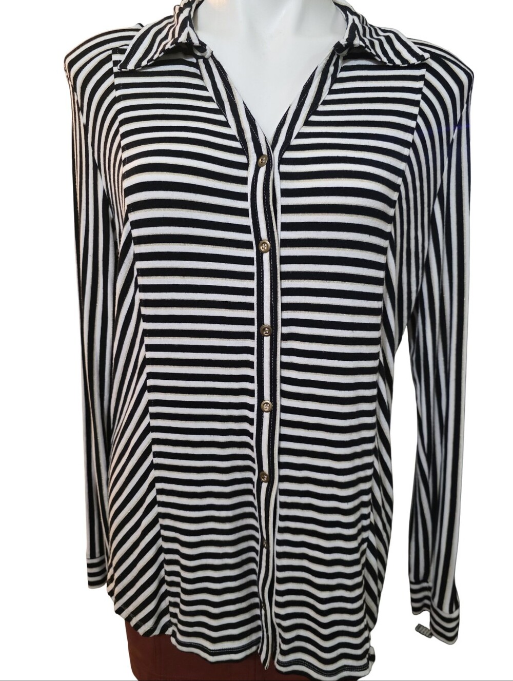 Sharon Young Black and White Striped Button-Down Shirt